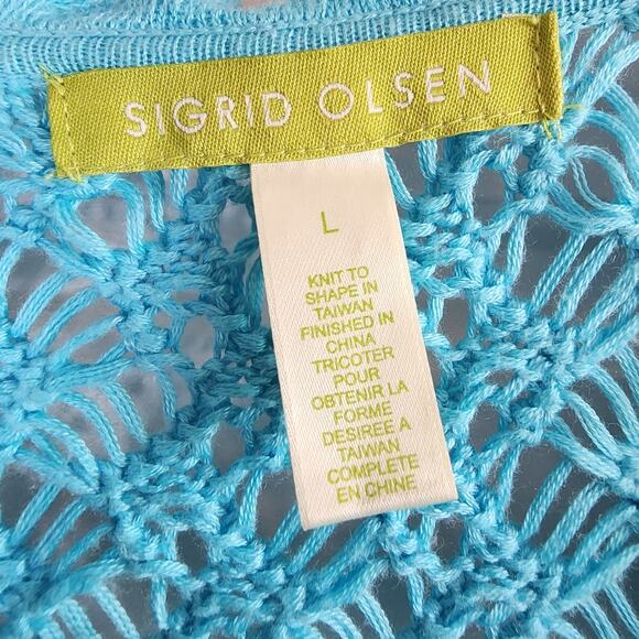 Sigrid Olsen Cardigan Sweater Womens Large Open Weave Aqua Blue Crochet - Picture 4 of 9